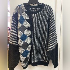 Vintage Street Scenes Black and Blue Crewneck Knit Sweater with leather trim